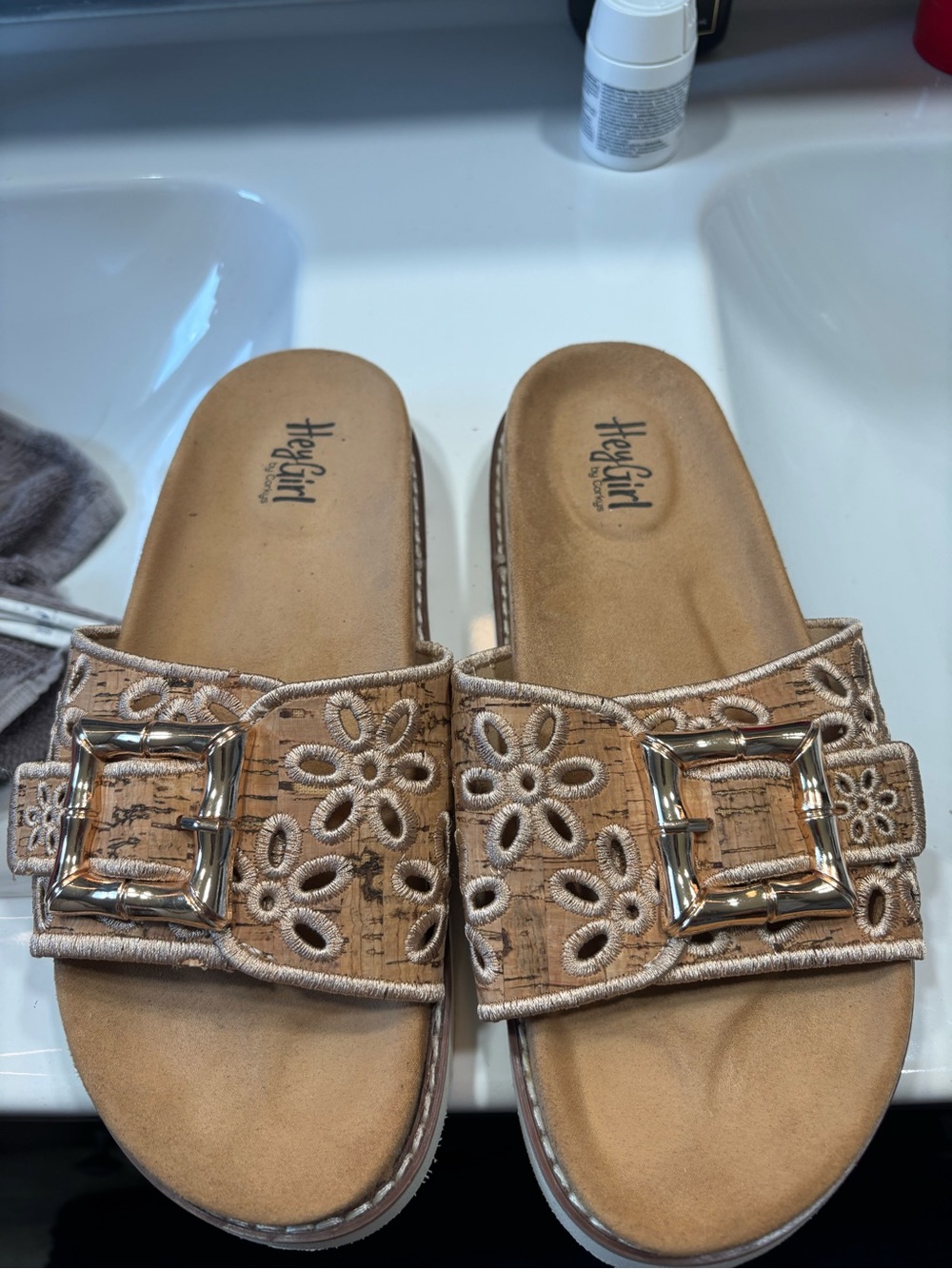 Corkys Tan Floral Cork-Style Slide Sandals with Gold Buckle
